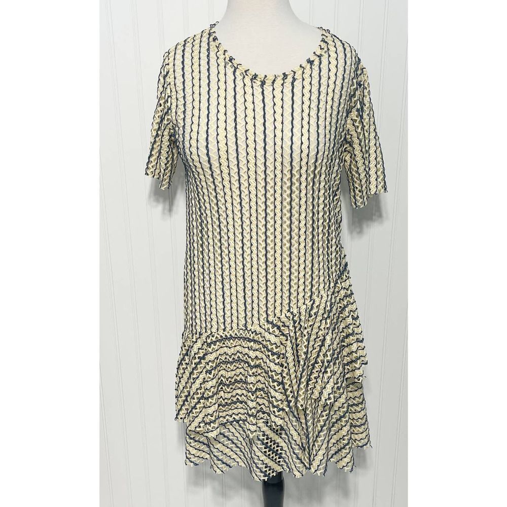 Zara W/B Dress Mesh Sheer Open Knit Unlined Ruffle Short Sleeve Cream Blue Small